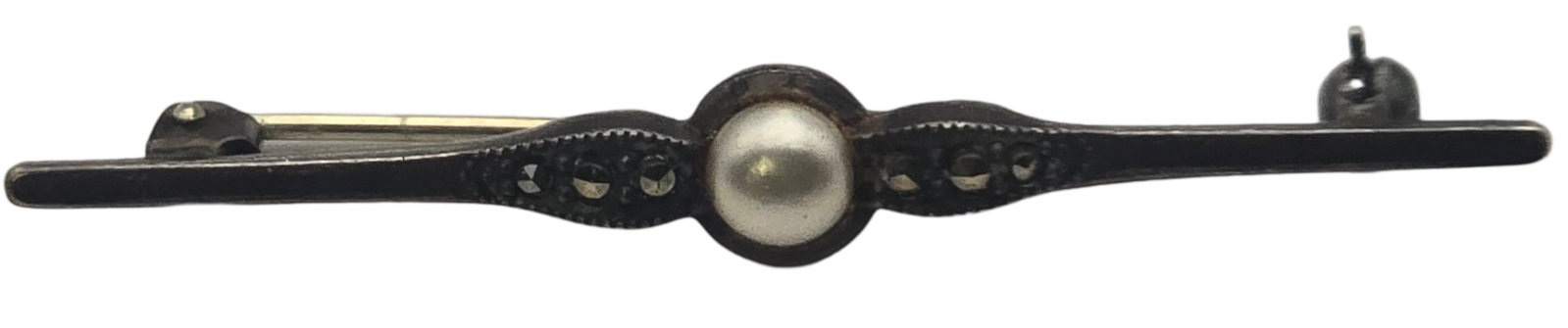 Vintage European 835 Silver, Gemstone & Pearl Bar Pin / Brooch: Measures approx. 2" wide and weighs ca. 2.2 grams. Good vintage condition with wear and patina according to age. Marked for 835 (83.5%) Silver. SHIPPING: We ship in-house and charge a flat fee of $12 