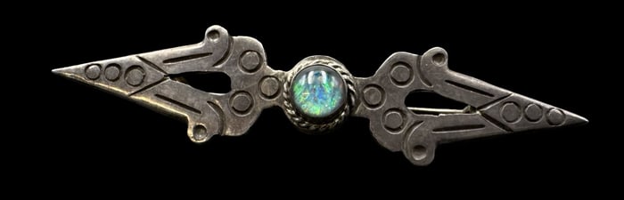 Unusual Vintage Mid-Century Sterling Silver & Opal Brooch