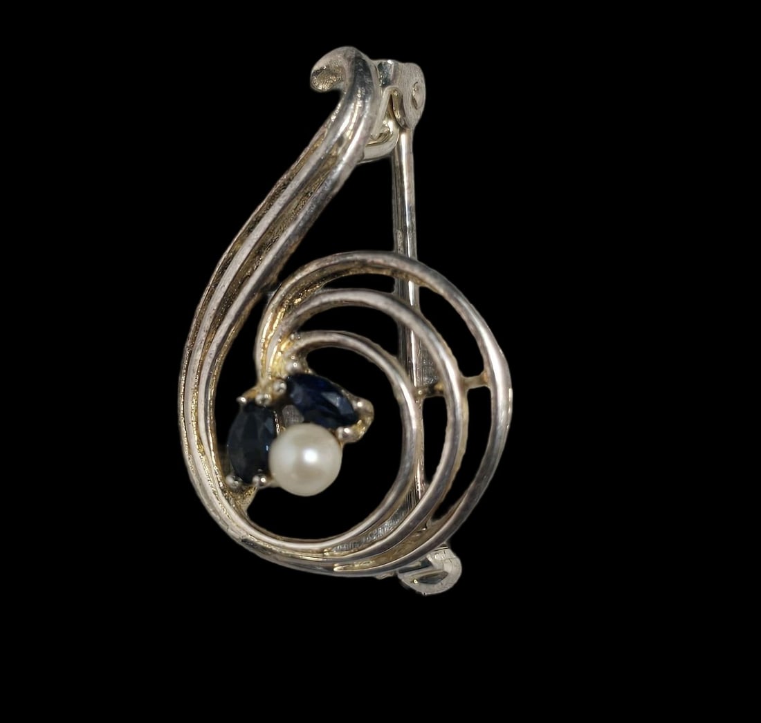 Vintage European 835 Silver, Sapphire & Pearl Designer Brooch: Very good vintage condition with minor patina and wear according to age. Measures approx. 1" wide and weighs ca. 2 grams. Marked for 835 (83.5%) silver and carrying an unidentified designer mark. SHIP