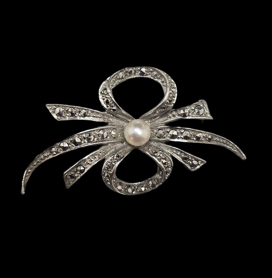 Vintage European 835 Silver, Marcasite & Pearl Designer Brooch: Very good vintage condition with minor patina and wear according to age. Measures approx. 2" wide and weighs ca. 6.5 grams. Marked for 835 (83.5%) silver. SHIPPING: We ship in-house and charge a flat