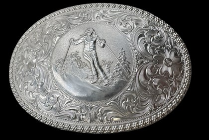 Vintage FACET Designs Nickel Plated Solid Brass Skiing Belt Buckle