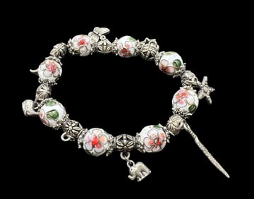 Stylish Vintage Cloisonne Enamel Bead & Charm Bracelet