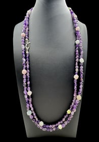 Vintage Amethyst & Rose Quartz Healing Necklace /w Silver Clasp