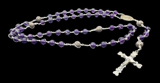 Vintage European Rosary /w Purple Gemstones, 800 Silver Balls & Cross Pendant