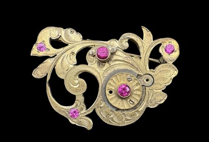 Beautiful Antique 1890s European Pocket Watch Movement & Red Gemstone Brooch