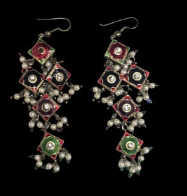 Unusual Vintage Indian Kundan Enamel & Pearl Earrings