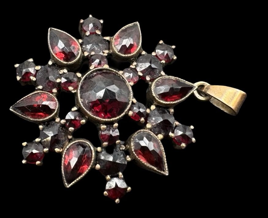 Amazing Antique European Gilt Silver & Garnet Pendant: Very good antique condition with minor patina according to age. Measures approx. 1 3/8" long x 1 1/8" wide and weighs ca. 5.3 grams. Tested for 800 Silver. SHIPPING: We ship in-house and charge a flat
