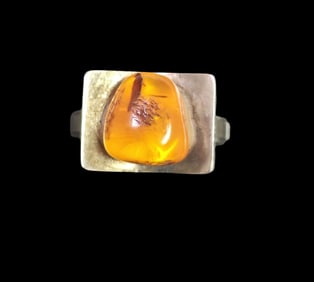 Vintage Mid-Century Modern Brutalist 835 Silver & Amber Ring