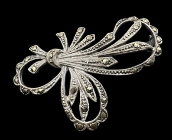 Ornate Vintage ca. 1940s European 830 Silver & Marcasite Flower Brooch