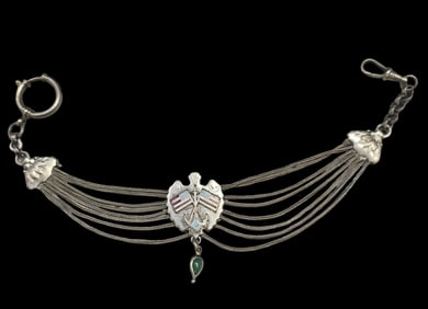 Antique Victorian Sterling Silver & Enamel US NAVY Albertina Watch Chain Necklace