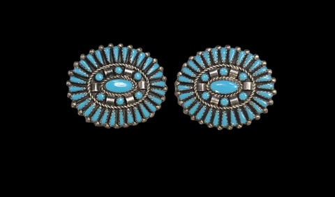 Vintage Native American Zuni Sterling Silver & Turquoise Cluster Earrings