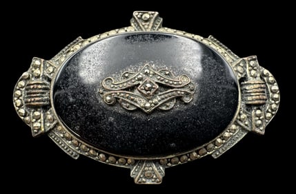 Antique European 1900s 835 Silver, Black Onyx & Marcasite Brooch
