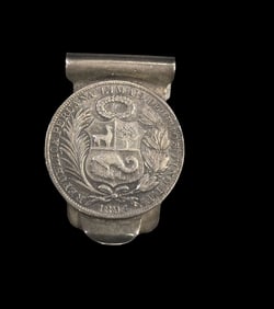 Vintage Peruvian Sterling Silver Money Clip /w 1894 Silver Coin
