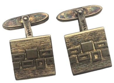 Vintage Mid-Century Modern Brutalist Gilt Sterling Silver Designer Cufflinks - Signed