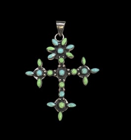 Unusual Vintage Mexican Sterling Silver & Gemstone Cross Pendant