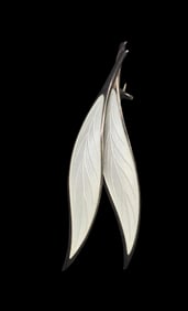 Vintage THUNE Norway Sterling Silver & White Guilloche Enamel Leaf Brooch