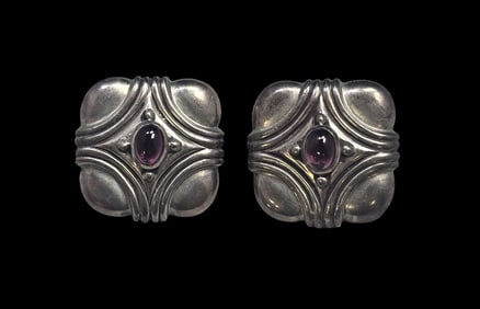 Large Vintage Sterling Silver & Amethyst Studio Earrings