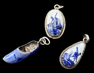 Lot of 3 Vintage 800 Silver & Blue/White Delft Porcelain Pendant Charms