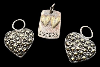 Lot of 2 Sterling Silver Marcasite Heart Pendants & a "Sisters" Charm