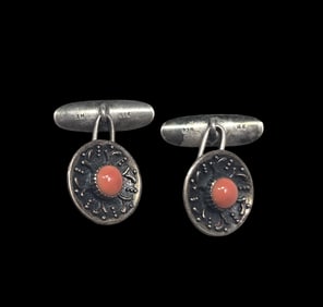 Unusual Vintage Mid-Century Modern European 835 Silver & Red Coral Cufflinks
