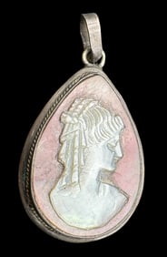 Amazing Antique Sterling Silver & Mother of Pearl Cameo Pendant