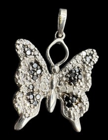 Beautiful Vintage Sterling Silver & Black/White Rhinestone Butterfly Pendant