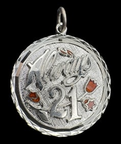Ornate Vintage Sterling Silver & Enamel "Always 21" Pendant Charm