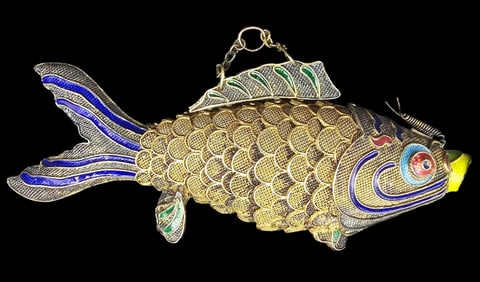 Large Vintage Asian Silver & Colorful Enamel Fish Pendant