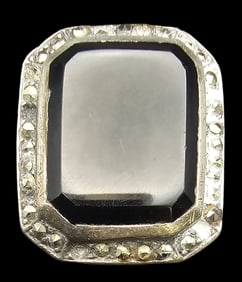 Massive Antique European 800 Silver, Marcasite & Black Gemstone Ring