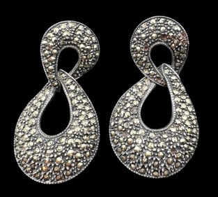 Vintage Sterling Silver & Marcasite Drop Dange Earrings