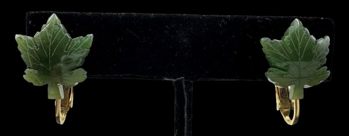 Unusual Vintage Gilt Sterling Silver & Jade Maple Leaf Earrings