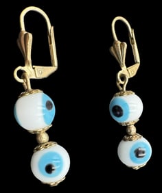 Vintage Gilt Sterling Silver & Lucky Eye / Evil Eye Dangle Earrings