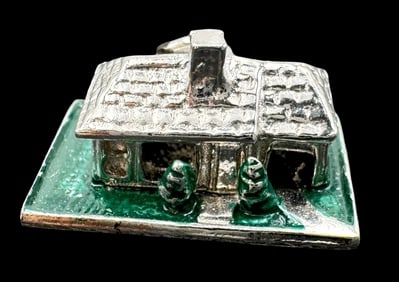 Vintage Sterling Silver & Green Enamel House Shaped Pendant Charm