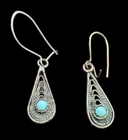 Ornate Vintage Sterling Silver & Turquoise Filigree Earrings