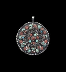 Vintage Sterling Silver, Turquoise & Red Coral Pendant