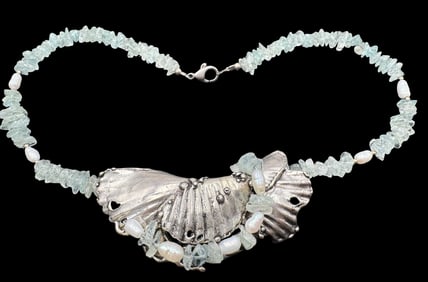 Vintage Handmade MARY ELVYN Sterling Silver, Pearl & Aquamarine Ocean Theme Designer Pendant