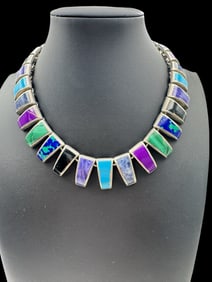 Stunning Vintage TAXCO MEXICO Sterling Silver & Multicolor Gemstone Panel Necklace