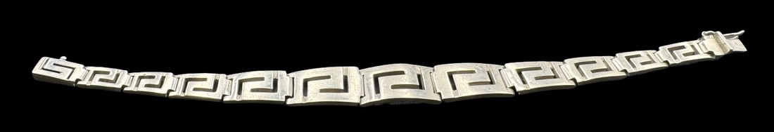 Vintage Mid-Century Modern Mexican Sterling Silver Greek Scroll Design Bracelet: Very good vintage condition with minor patina according to age. Measures approx. 7" long x 1/2" wide and weighs ca. 22 grams. Marked for Sterling Silver. SHIPPING: We ship in-house and charge a flat f