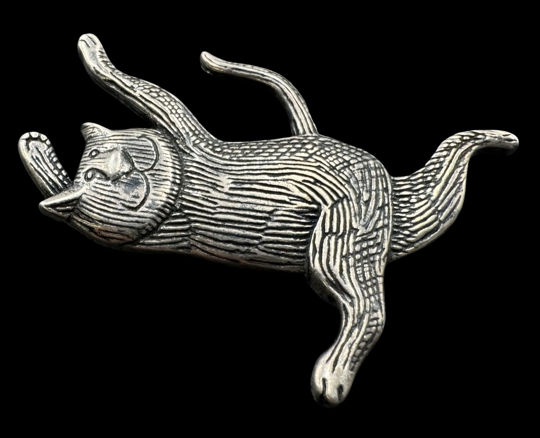 Whimsical Vintage EDWARD GOREY Sterling Silver Dancing Cat Brooch: Very good vintage condition with minor patina according to age. Measures approx. 1 7/8" long x 1 1/4" wide and weighs ca. 7.2 grams. Marked for Sterling Silver & EDWARD GOREY. SHIPPING: We ship in-hou
