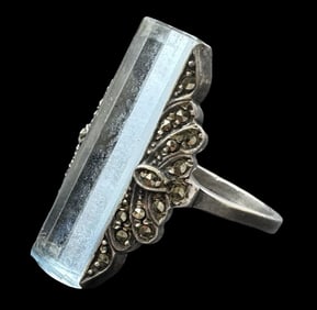 Beautiful Vintage Art Deco Sterling Silver, Macarsite & Blue Gemstone Cocktail Ring
