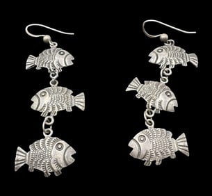 Unusual Vintage Sterling Silver Fish Shaped Dangle Earrings