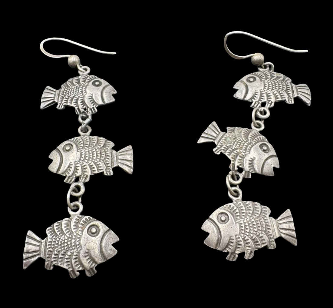 Unusual Vintage Sterling Silver Fish Shaped Dangle Earrings (1 of 5)