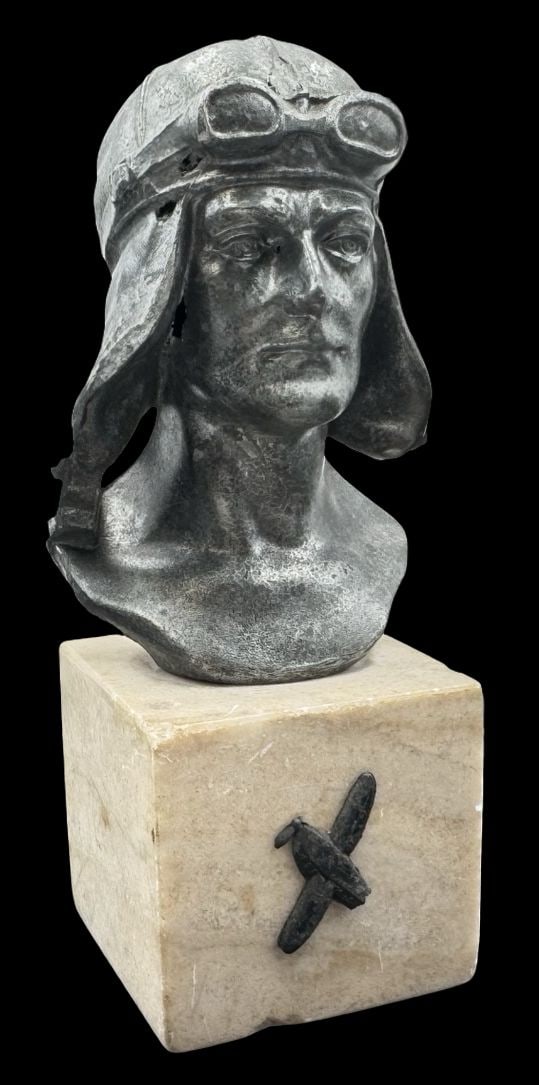 Antique Early 1900s European Cast Metal Pilot Memorial Bust: Very good antique condition with minor patina according to age. Measures approx. 6" high and 2 1/2" wide and 2 1/4" deep.