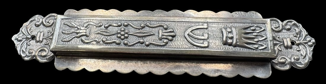 Vintage Judaica Jewish Sterling Silver Filigree Mezuzah: Very good vintage condition with minor patina according to age. Measures approx. 7 1/4" long x 1 5/8" wide and weighs ca. 64.2 grams. Tested for Sterling Silver; back plate is steel.