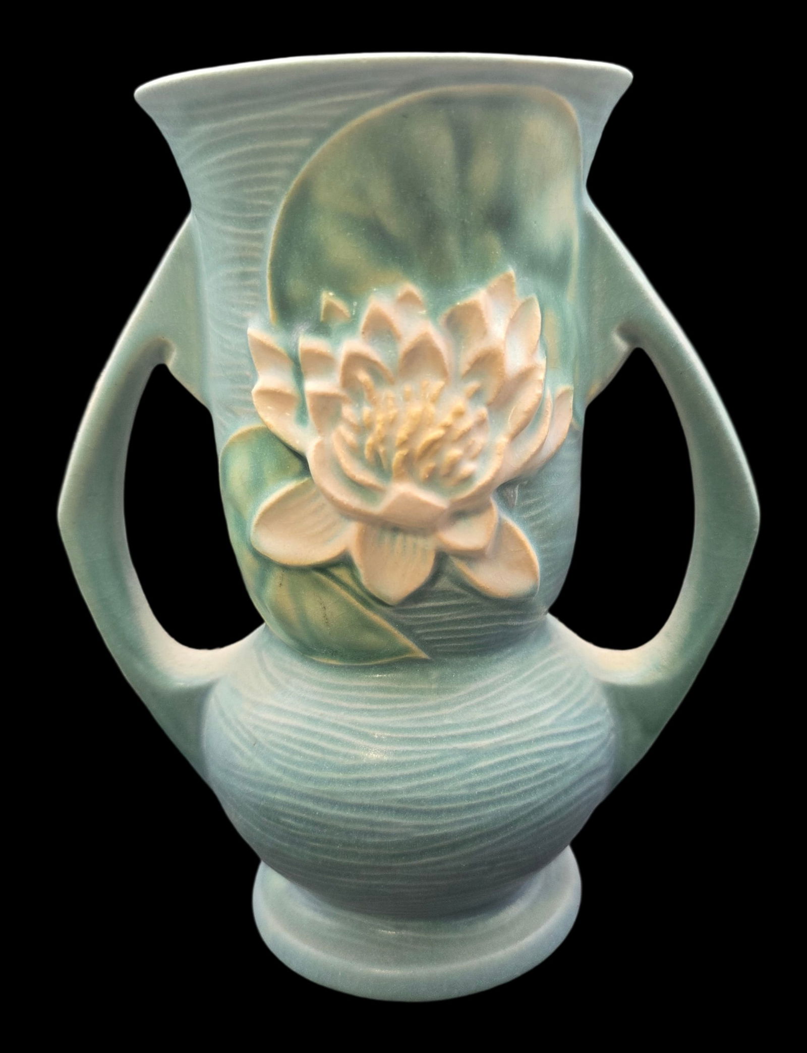 Vintage ROSEVILLE Art Pottery WATER LILY Blue Ceramic Vase (1 of 8)