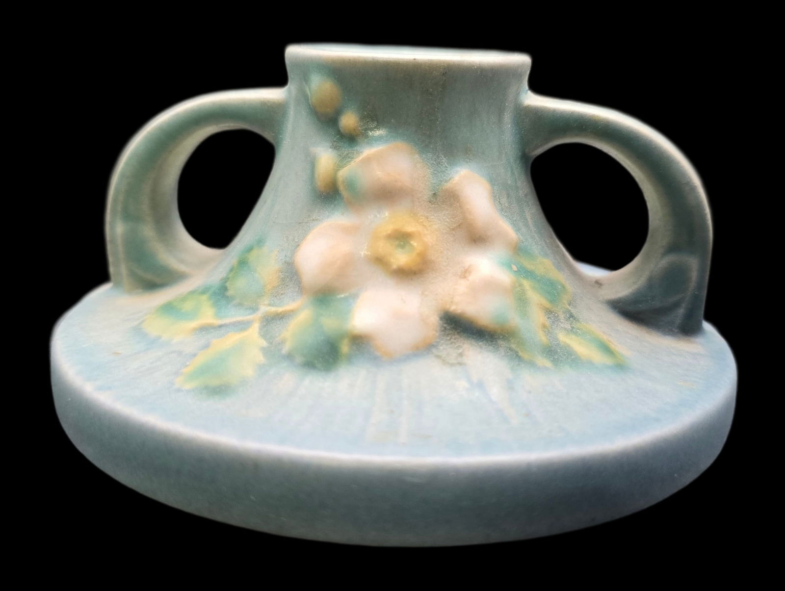 Vintage ROSEVILLE Art Pottery WHITE ROSE Blue Ceramic Candle Holder (1 of 5)