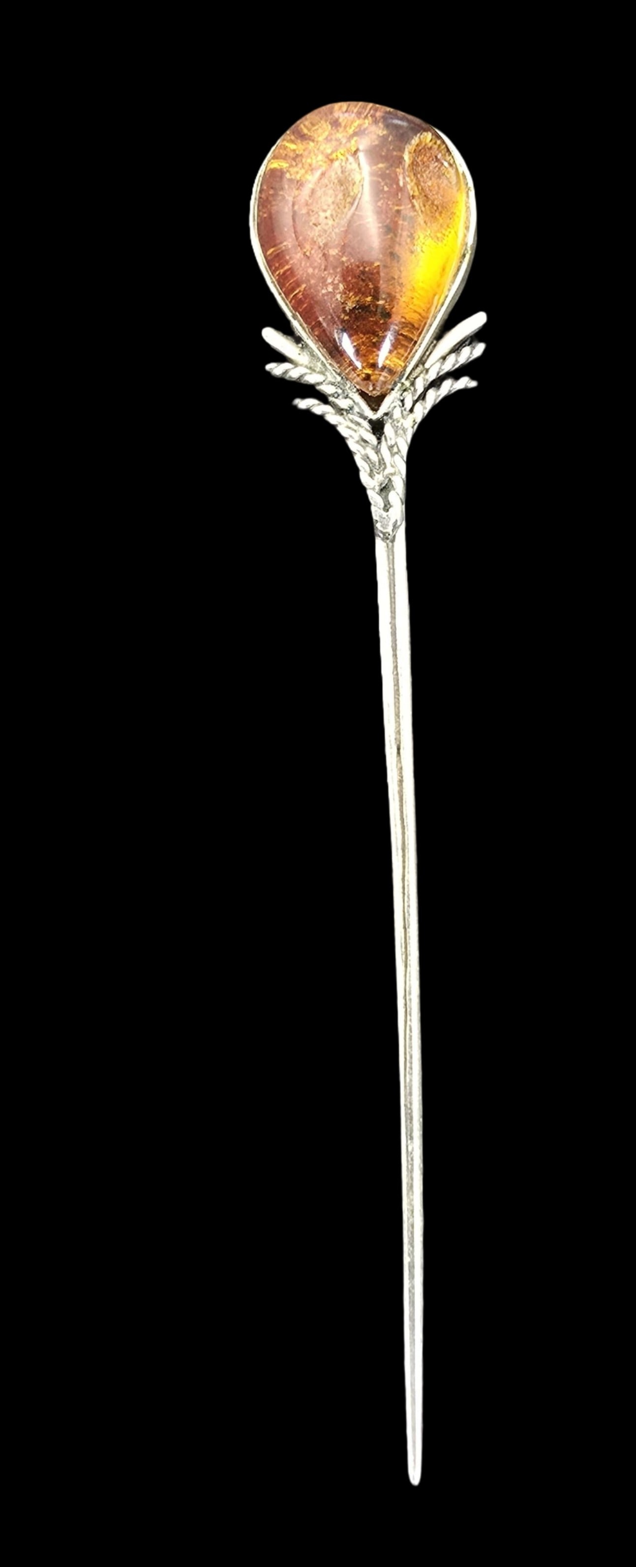 Unusual Mid-Century European Silver & Amber Hair Pin: Very good vintage condition with minor patina according to age. Measures approx. 4" long and weighs ca. 5.5 grams.