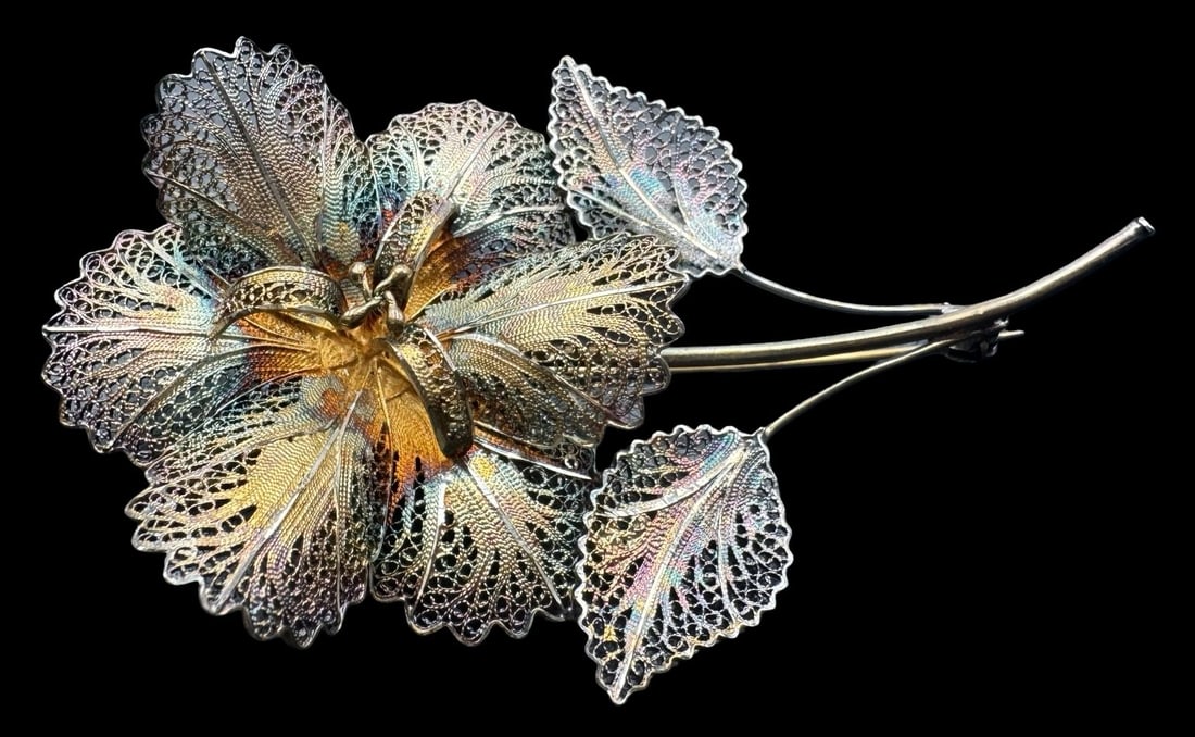 Amazing Vintage European 800 Silver Flower Shaped Filigree Brooch /w Rainbow Patina: Very good vintage condition with minor patina according to age. Measures approx. 3 3/4" long x 2" wide and weighs ca. 15.7 grams. Tested for 800 Silver.