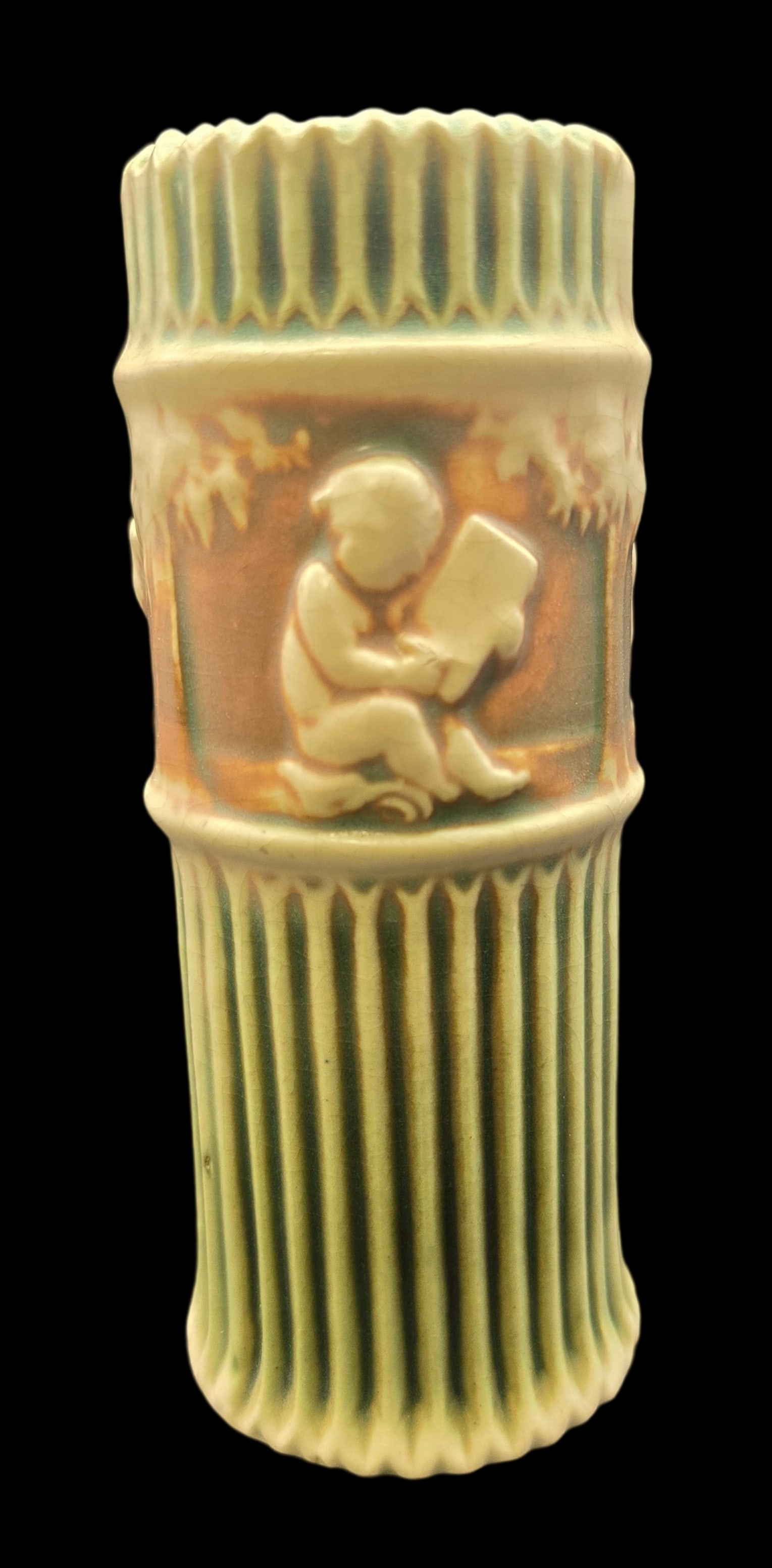 Vintage ROSEVILLE Art Pottery DONATELLO Green & Brown Ceramic Vase: Very good vintage condition with minor wear according to age, please see pictures. No cracks or repairs. Measures approx. 6" high x 3" wide. Marked.