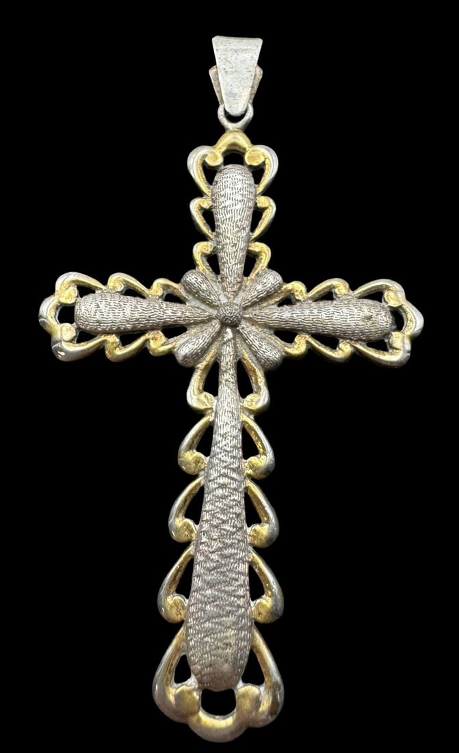 Ornate Vintage Gilt Sterling Silver Two-Tone Designer Cross Pendant (1 of 2)